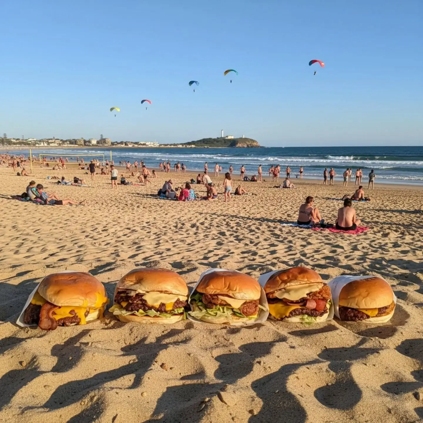 A row of Sneaky Burgers lined up on the sand at Wollongong beach, paragliders overhead