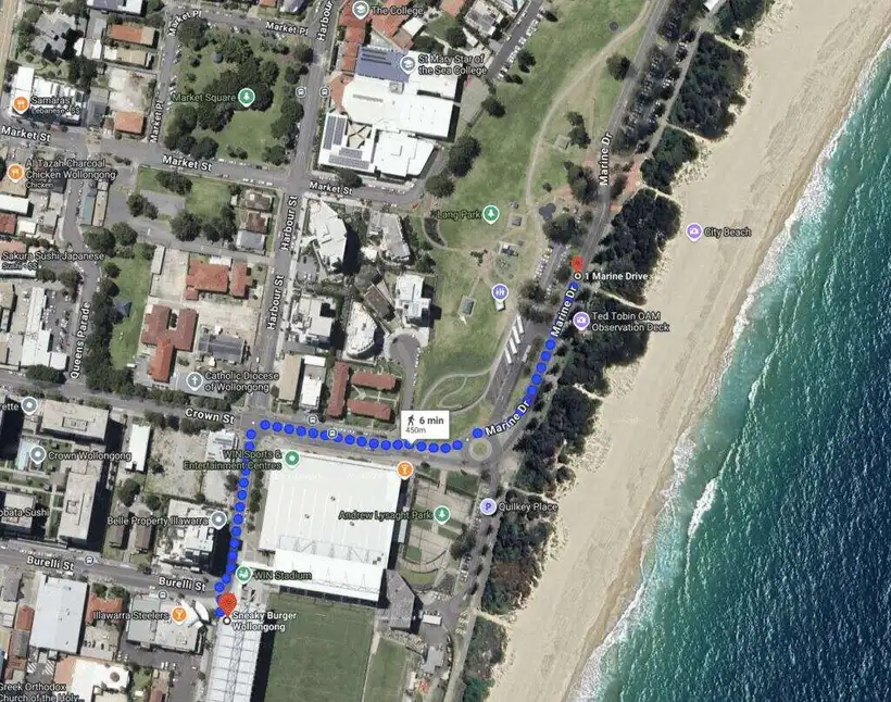 Map of the short walk from Sneaky Burger Wollongong to the beach